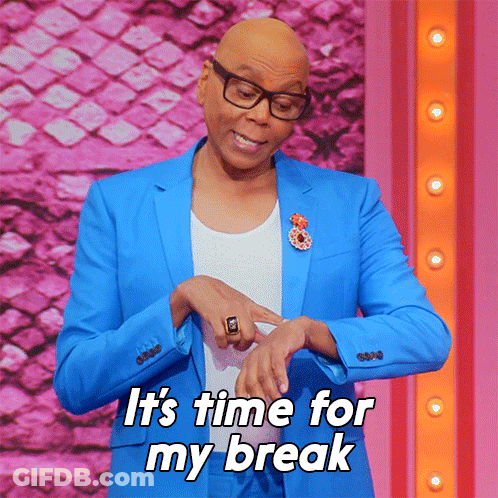 A Bald Man In A Blue Suit Is Looking At His Watch And The Words It 'S Time For My Break Are Above Him GIF