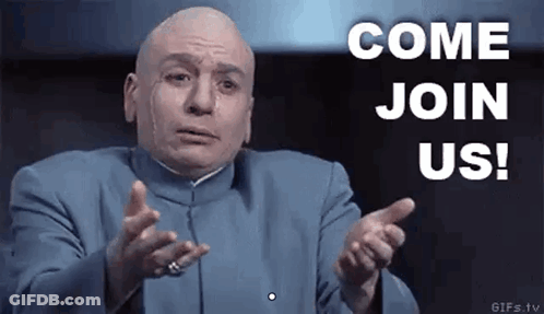A Bald Man In A Blue Suit Is Pointing At The Camera And Saying `` Come Join Us ! '' GIF