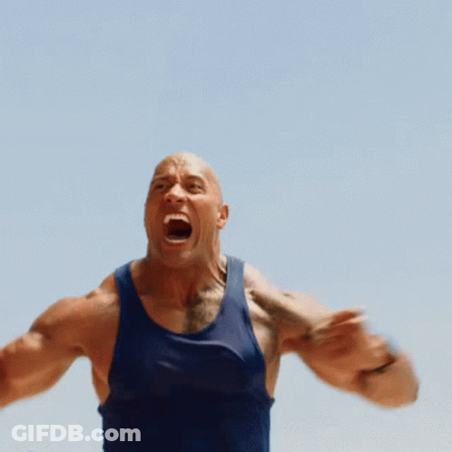 A Bald Man In A Blue Tank Top Is Screaming With His Mouth Open GIF