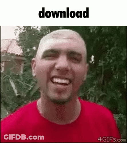 A Bald Man In A Red Shirt Is Smiling And Looking At The Camera With The Words Download Above Him . GIF