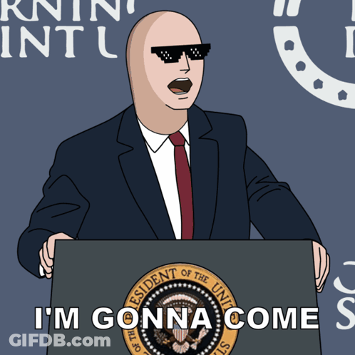 A Bald Man In A Suit And Tie Stands At A Podium With The Words " I 'M Gonna Come " On It GIF