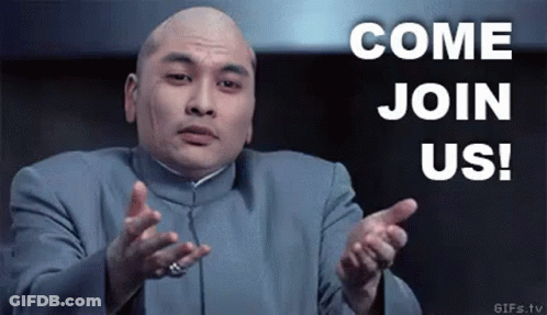 A Bald Man In A Suit Is Pointing At The Camera With The Words Come Join Us Written Above Him . GIF