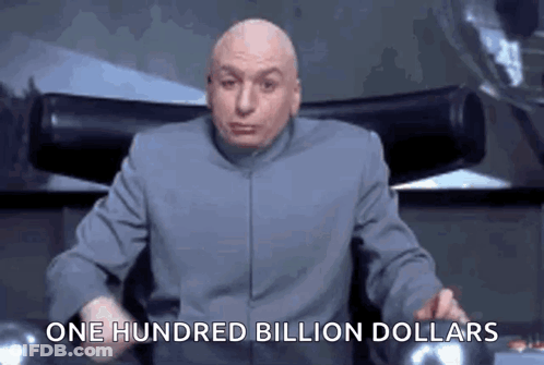 A Bald Man In A Suit Is Sitting In A Chair And Says One Hundred Billion Dollars . GIF