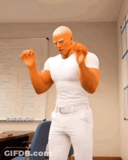 A Bald Man In A White Shirt And White Pants Is Standing In Front Of A White Board That Says " Stella The Chef " On It GIF