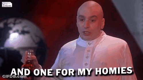 A Bald Man In A White Shirt Is Holding A Bottle Of Whiskey And Says `` And One For My Homies '' . GIF