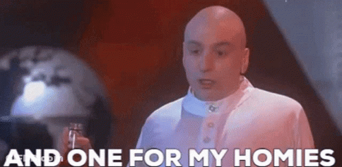 A Bald Man In A White Shirt Is Holding A Glass Of Wine And Says `` And One For My Homies '' . GIF