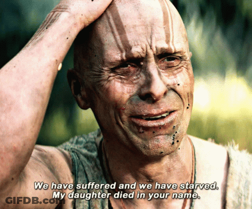 A Bald Man Is Crying With The Words " We Have Suffered And We Have Starved " GIF