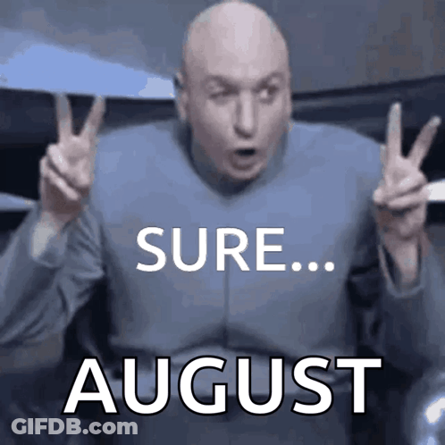 A Bald Man Is Giving A Peace Sign With The Words Sure August Behind Him GIF