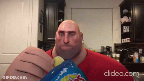 A Bald Man Is Holding A Bag Of Chips That Says Win The Game On It GIF