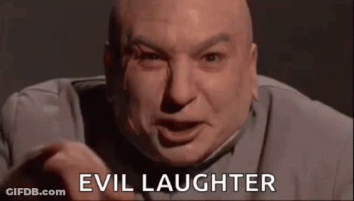 A Bald Man Is Making A Funny Face And Pointing At The Camera With The Words `` Evil Laughter '' . GIF