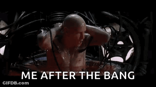 A Bald Man Is Sitting In A Bathtub With Blood Coming Out Of His Head And Says `` Me After The Bang '' . GIF