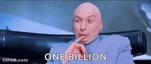 A Bald Man Is Sitting In A Chair With His Finger In His Mouth And The Words `` One Billion '' Above Him . GIF