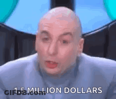 A Bald Man Is Sitting In Front Of A Blue Background And Talking About 1.5 Million Dollars . GIF