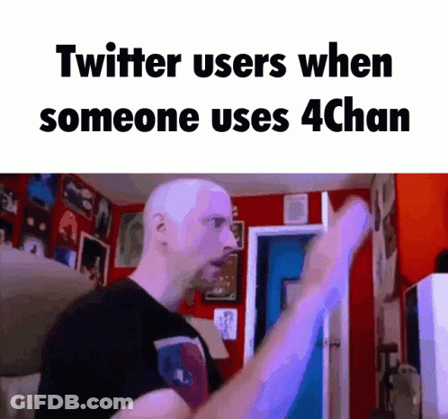A Bald Man Is Standing In A Room With The Words Twitter Users When Someone Uses 4Chan On The Bottom GIF