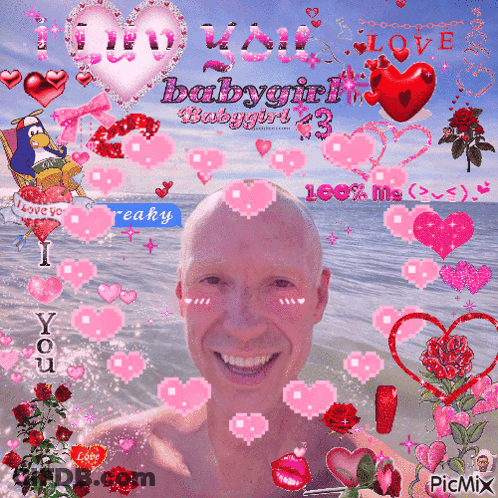 A Bald Man Is Surrounded By Pink Hearts And Says I Love You GIF