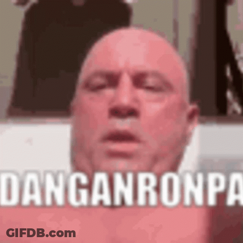 A Bald Man Is Taking A Selfie With His Eyes Closed And The Words `` Danganronpa '' Written On His Face . GIF