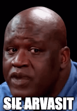 A Bald Man Is Wearing A Blue Shirt And Has The Word Sie Arvasit On His Face GIF