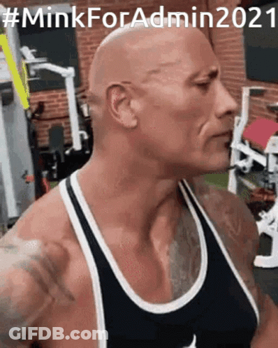 A Bald Man Wearing A Black And White Tank Top In A Gym With #Minkforadmin2021 Written Above Him GIF