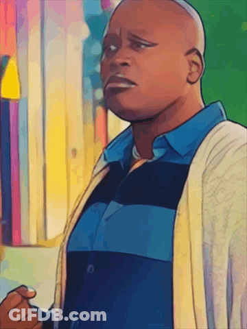 A Bald Man Wearing A Blue And Black Striped Shirt And A White Sweater GIF