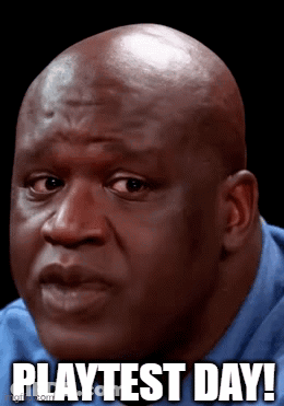 A Bald Man Wearing A Blue Shirt Says Playtest Day ! GIF