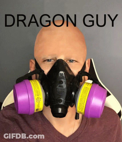 A Bald Man Wearing A Gas Mask With The Word Dragon Guy Above Him GIF