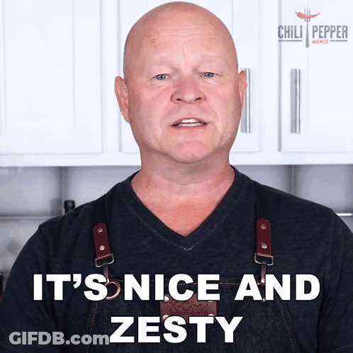 A Bald Man Wearing An Apron Says " It 'S Nice And Zesty " GIF