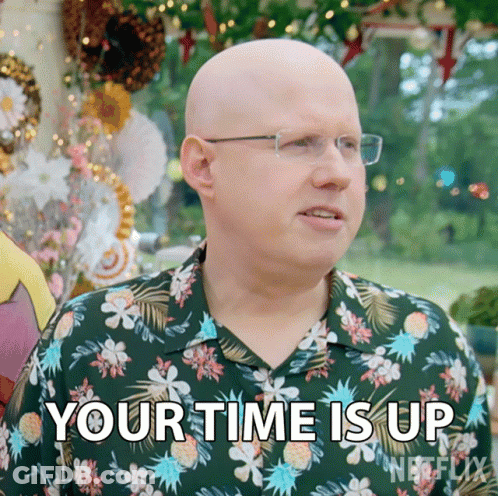 A Bald Man Wearing Glasses And A Hawaiian Shirt Says Your Time Is Up GIF