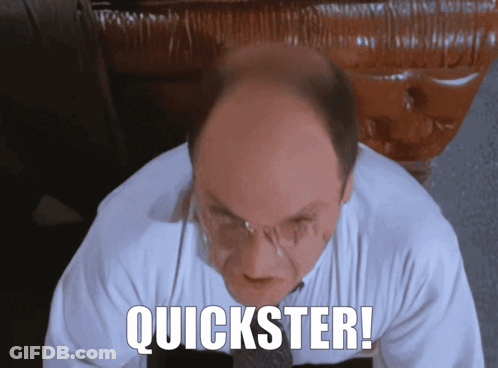 A Bald Man Wearing Glasses And A White Shirt Says " Quickster " GIF