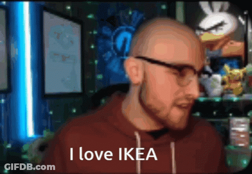 A Bald Man Wearing Glasses Says " I Love Ikea " GIF