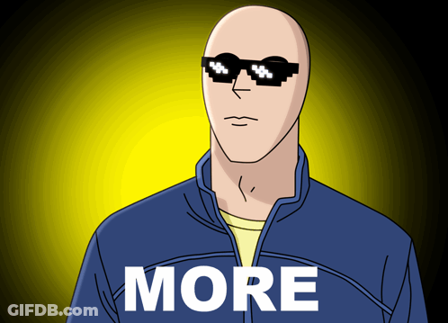 A Bald Man Wearing Sunglasses And A Blue Jacket With The Word More On It GIF