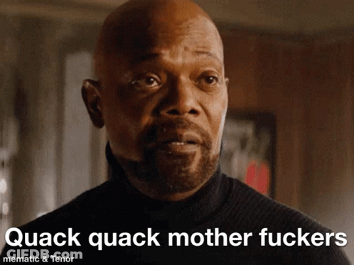 A Bald Man With A Beard And The Words Quack Quack Mother Fuckers GIF
