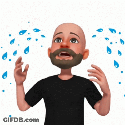 A Bald Man With A Beard Is Crying With Water Drops Coming Out Of His Mouth GIF