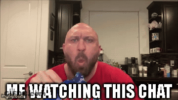 A Bald Man With A Beard Is Eating Chips With The Caption " Me Watching This Chat " Above Him GIF