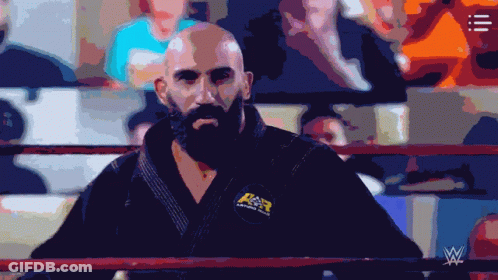 A Bald Man With A Beard Is In A Wrestling Ring With A W Logo In The Background GIF