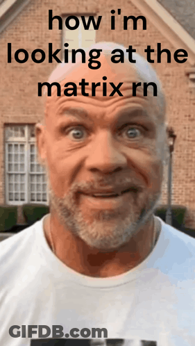 A Bald Man With A Beard Is Looking At The Camera With A Caption That Says How I 'M Looking At The Matrix GIF
