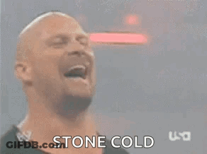 A Bald Man With A Beard Is Standing In Front Of A Blurry Background And The Words Stone Cold Are Visible . GIF