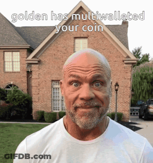 A Bald Man With A Beard Is Standing In Front Of A Brick House With The Words " Golden Has Multiwalleted Your Coin " GIF