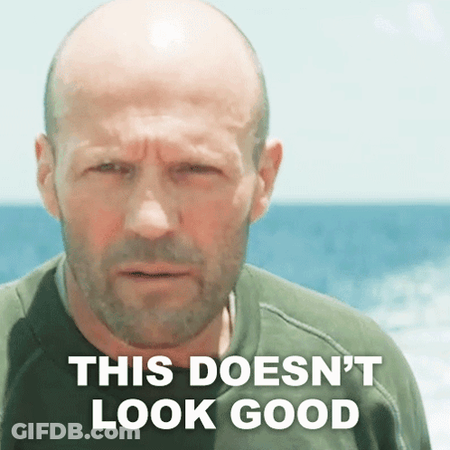 A Bald Man With A Beard Is Standing In Front Of The Ocean With The Words This Does N't Look Good Above Him . GIF