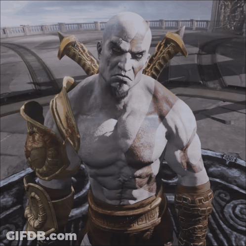 A Bald Man With A Beard Is Wearing A Greek Key Belt GIF
