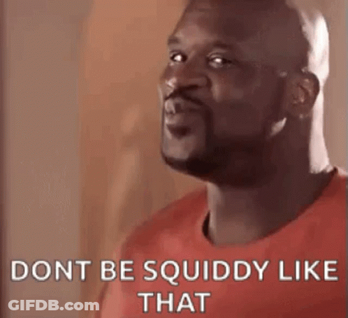 A Bald Man With A Beard Is Wearing A Red Shirt And Says `` Don T Be Squiddy Like That '' . GIF
