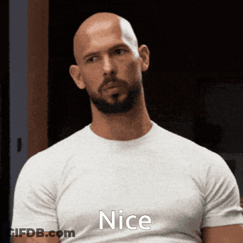 A Bald Man With A Beard Is Wearing A White Shirt That Says Nice On It GIF