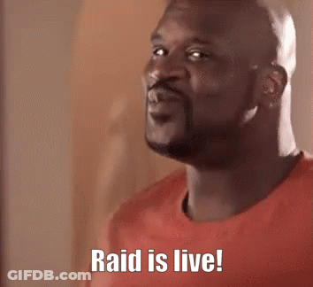 A Bald Man With A Beard Wearing A Red Shirt Is Saying Raid Is Live . GIF