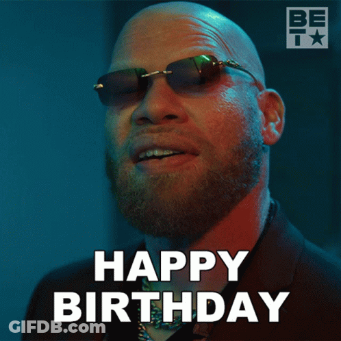 A Bald Man With A Beard Wearing Sunglasses Says " Happy Birthday " GIF