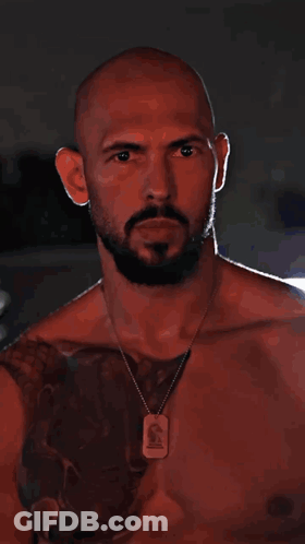 A Bald Man With A Beard Wears A Necklace With A Tag That Says S On It GIF