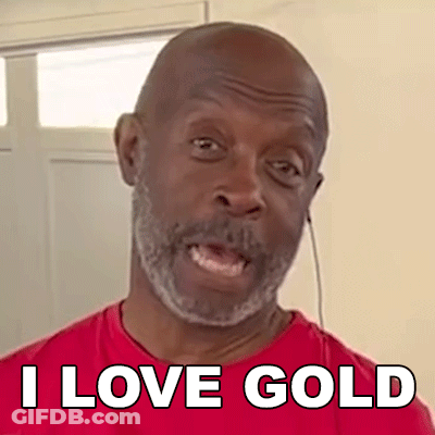A Bald Man With A Gray Beard Is Wearing A Red Shirt And Says I Love Gold . GIF