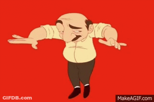 A Bald Man With A Mustache Is Standing With His Arms Outstretched And A Blue Background . GIF