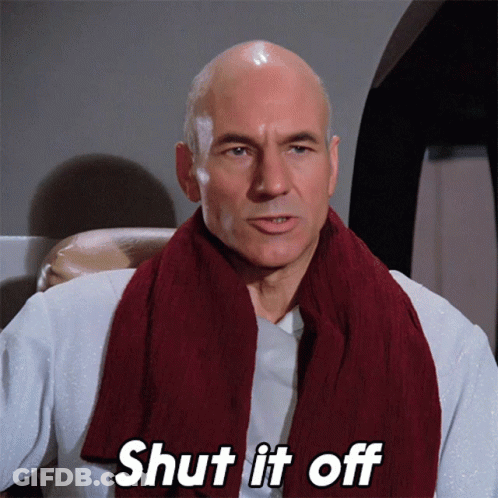 A Bald Man With A Scarf Around His Neck Is Saying Shut It Off GIF