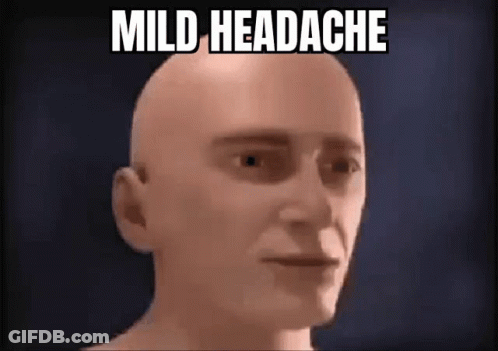 A Bald Man With The Words `` Mild Headache '' Written On His Face Is Looking At The Camera . GIF