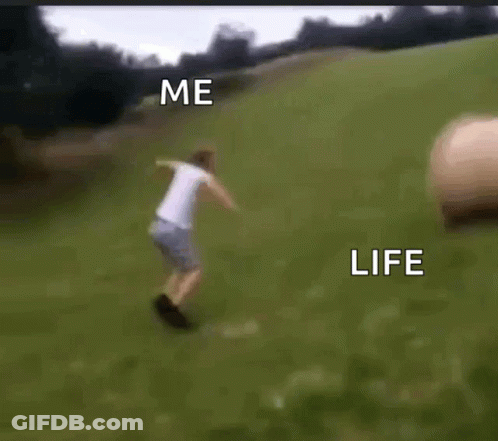 A Bale Of Hay Is Rolling In The Grass With The Words Me And Life Below It GIF