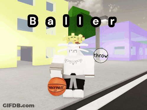 A Baller Is Holding A Spalding Basketball In Front Of Buildings GIF